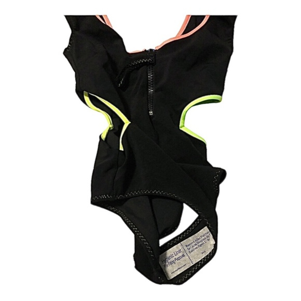 Zara black neon trim cut out front zip v-back one piece swimsuit size small new - Picture 8 of 8